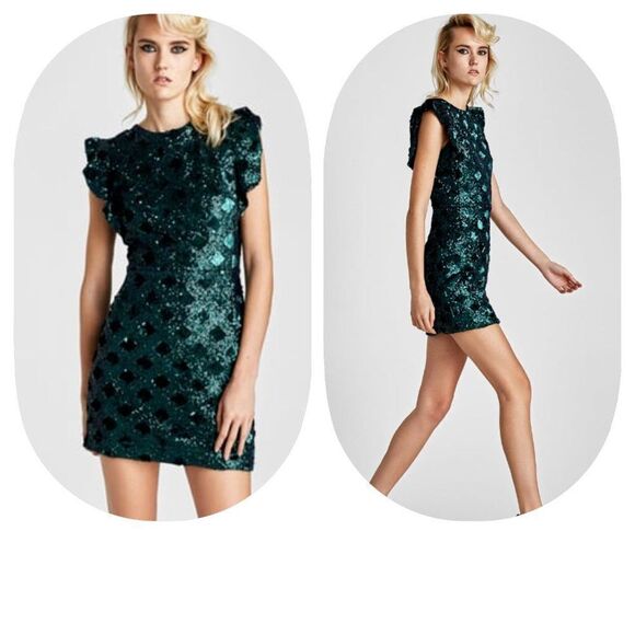 Zara Green Sequin Mini Dress - Picture 8 of 15